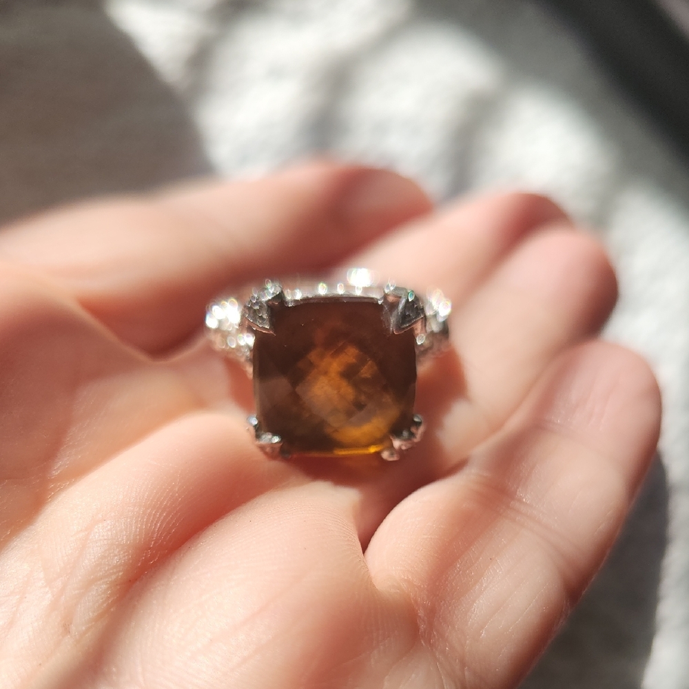Designer Judith Ripka Sterling Silver Faceted Smokey Quartz CZ Ring Size 9